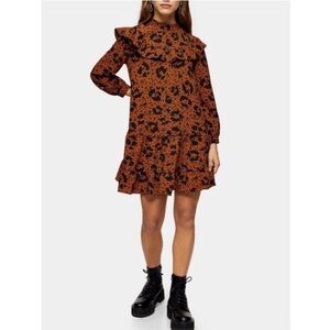 TOPSHOP Ustard Ruffle Yoke Long Sleeve Floral Mini Shift Dress